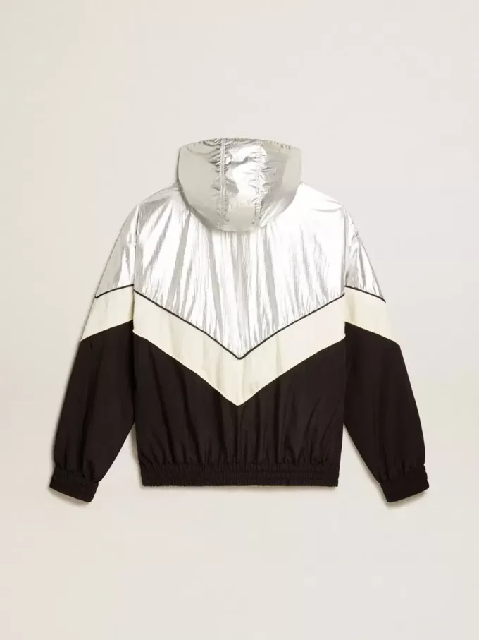 Chaqueta cortavientos para mujer en tejido técnico plateado y negro