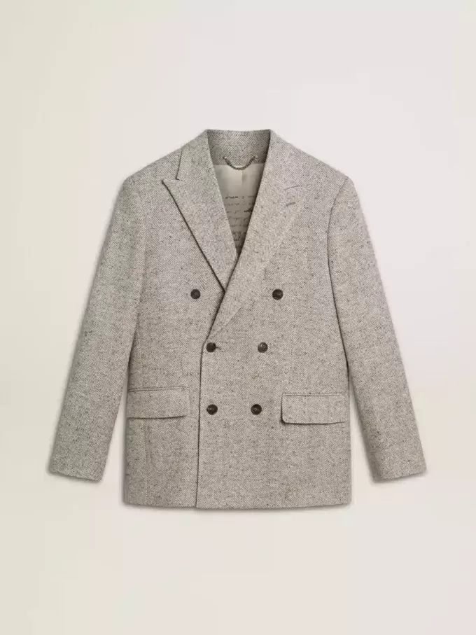 Chaqueta cruzada para hombre en seda gris y lana chevron