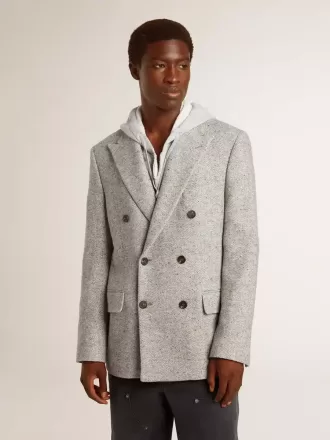 Chaqueta cruzada para hombre en seda gris y lana chevron