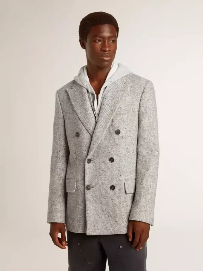 Chaqueta cruzada para hombre en seda gris y lana chevron
