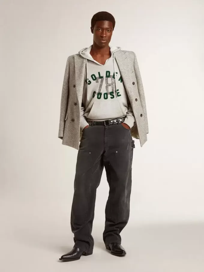 Chaqueta cruzada para hombre en seda gris y lana chevron