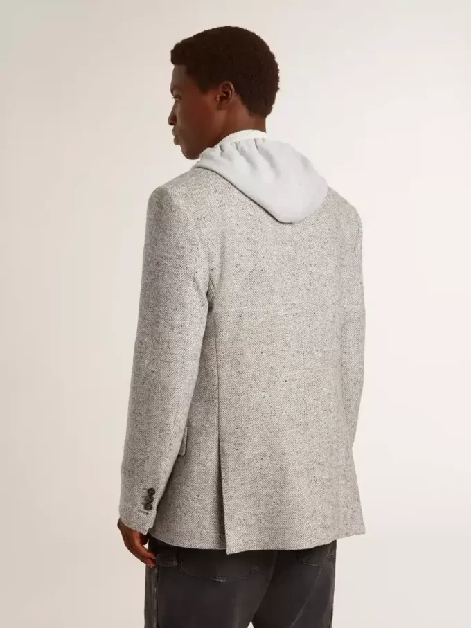 Chaqueta cruzada para hombre en seda gris y lana chevron