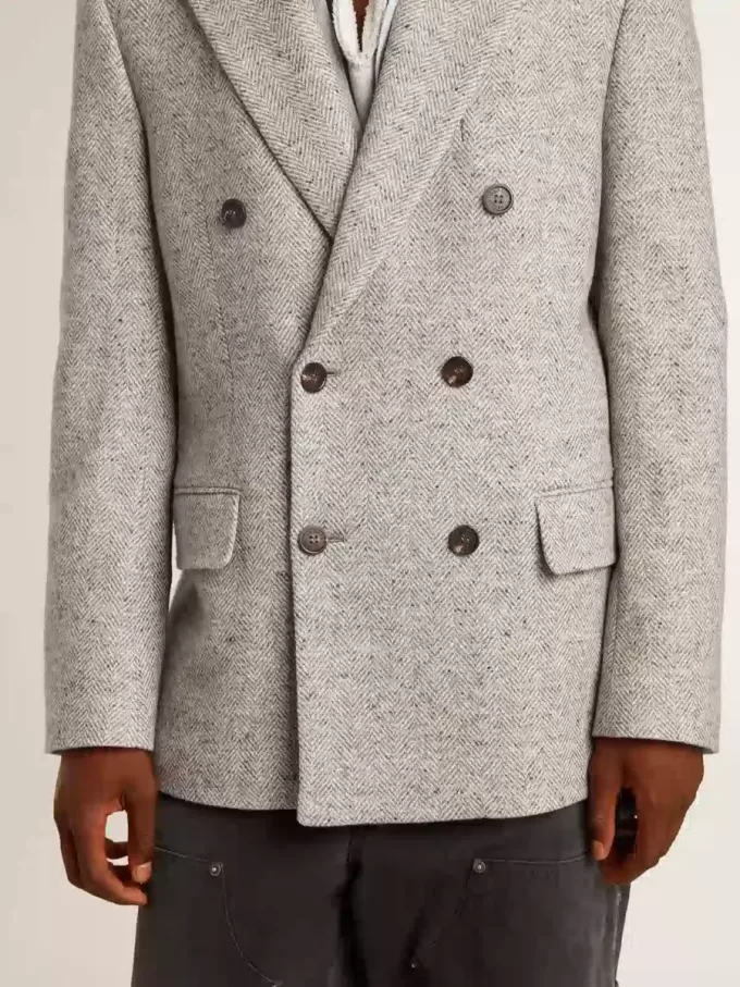 Chaqueta cruzada para hombre en seda gris y lana chevron