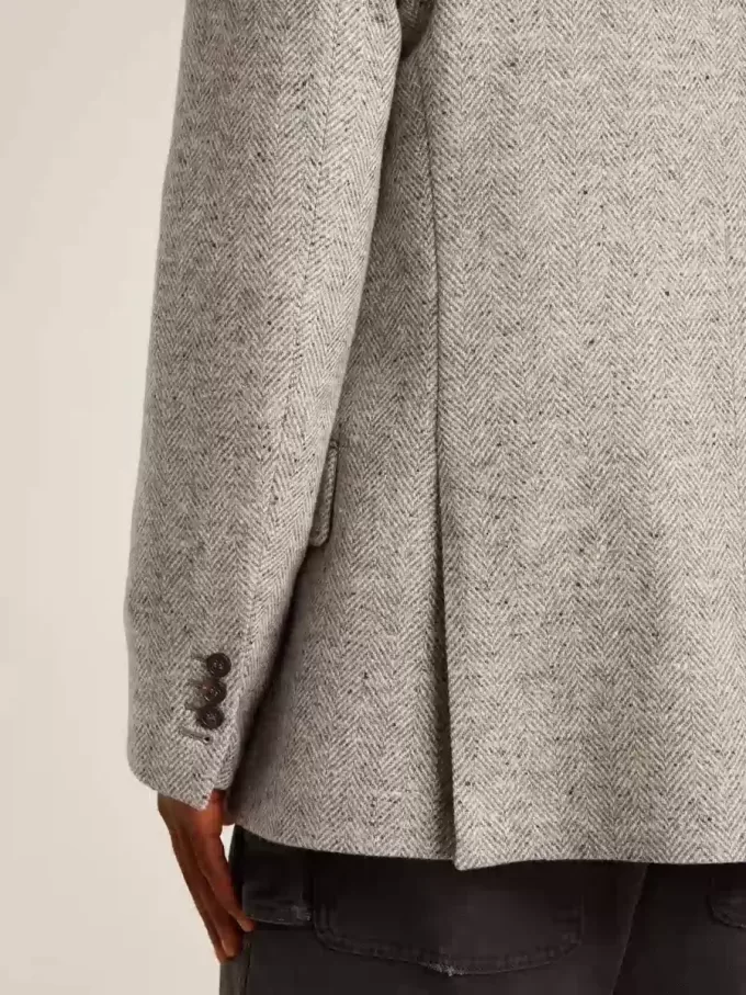 Chaqueta cruzada para hombre en seda gris y lana chevron