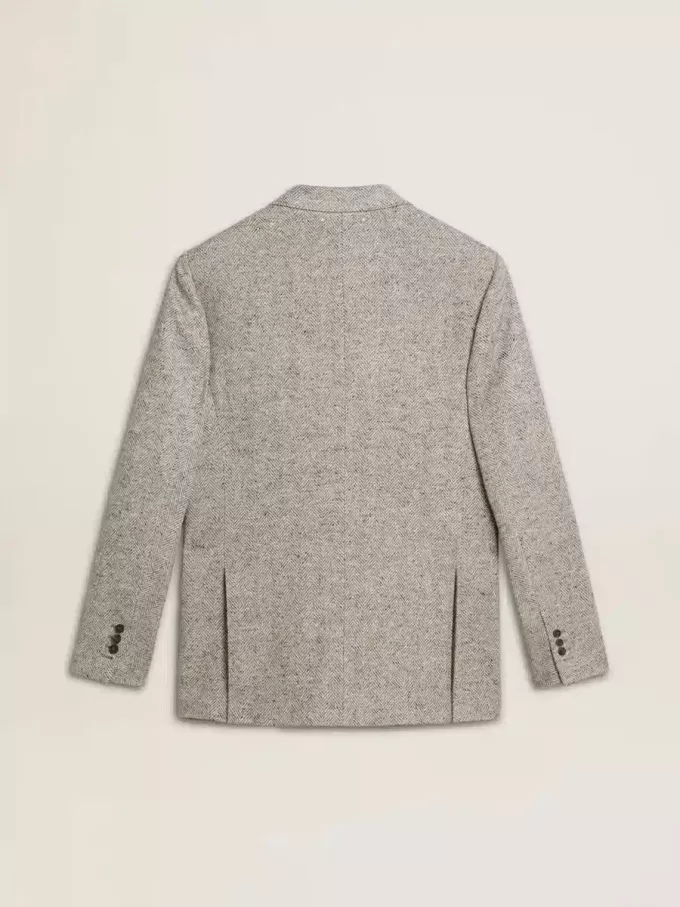 Chaqueta cruzada para hombre en seda gris y lana chevron