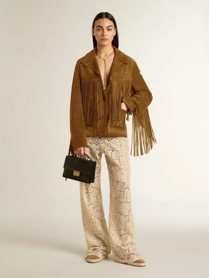 Chaqueta de ante color tabaco para mujer con flecos Chaqueta de ante color tabaco para mujer con flecos