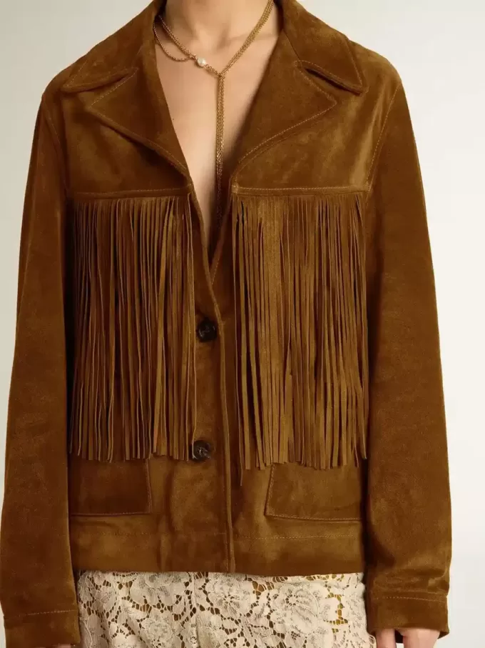 Chaqueta de ante color tabaco para mujer con flecos Chaqueta de ante color tabaco para mujer con flecos