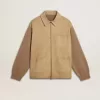 Chaqueta de hombre en piel nobuk color travertino con mangas y espalda en mezcla de lana Chaqueta de hombre en piel nobuk color travertino con mangas y espalda en mezcla de lana