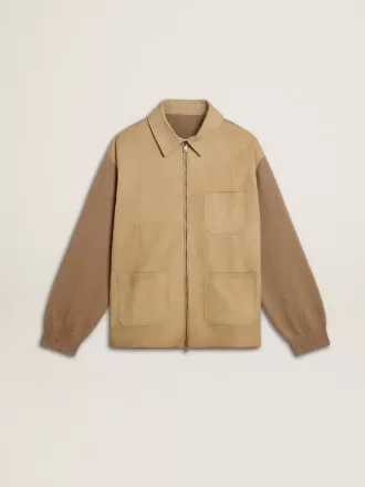 Chaqueta de hombre en piel nobuk color travertino con mangas y espalda en mezcla de lana