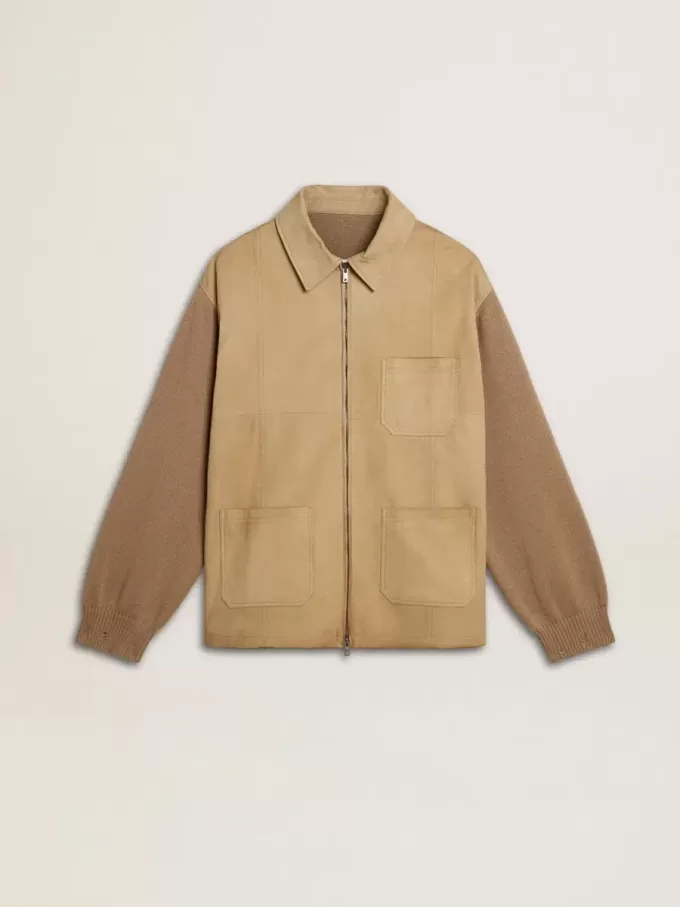 Chaqueta de hombre en piel nobuk color travertino con mangas y espalda en mezcla de lana Chaqueta de hombre en piel nobuk color travertino con mangas y espalda en mezcla de lana