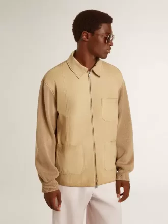 Chaqueta de hombre en piel nobuk color travertino con mangas y espalda en mezcla de lana