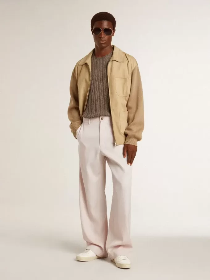 Chaqueta de hombre en piel nobuk color travertino con mangas y espalda en mezcla de lana Chaqueta de hombre en piel nobuk color travertino con mangas y espalda en mezcla de lana