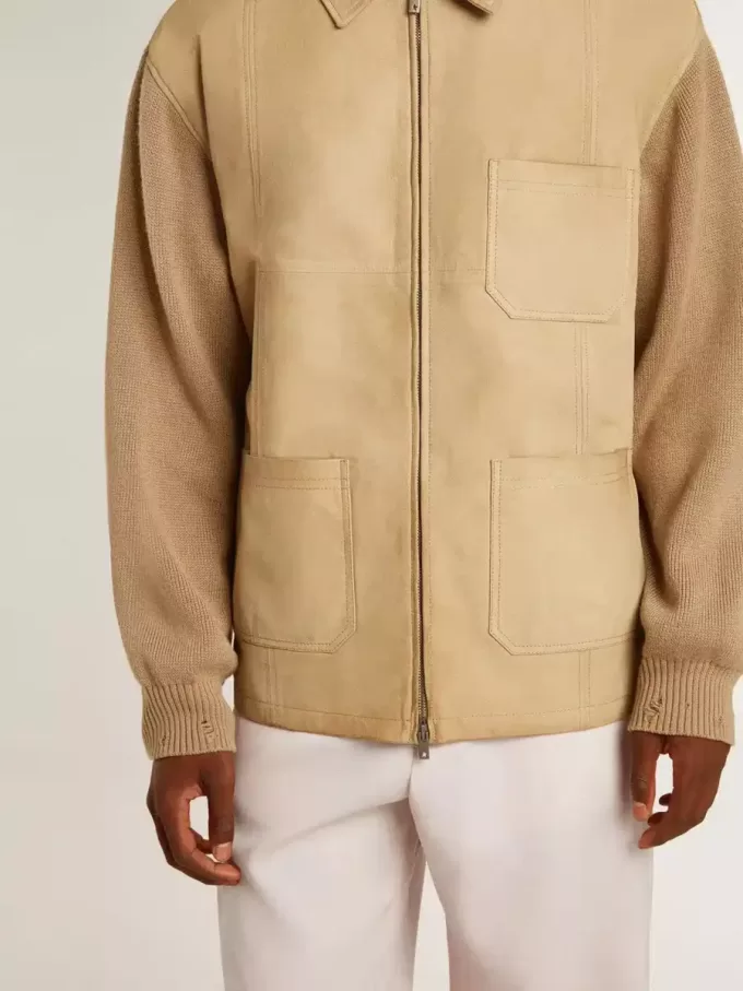 Chaqueta de hombre en piel nobuk color travertino con mangas y espalda en mezcla de lana Chaqueta de hombre en piel nobuk color travertino con mangas y espalda en mezcla de lana