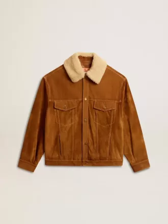 Chaqueta de hombre en piel serrada color tabaco con cuello de borreguillo