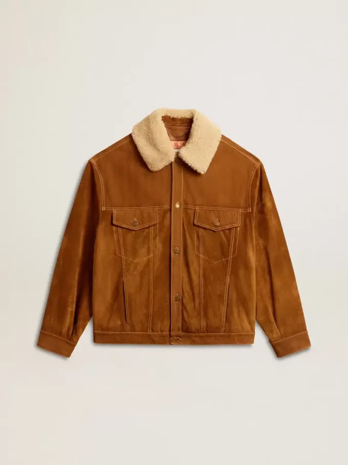 Chaqueta de hombre en piel serrada color tabaco con cuello de borreguillo Chaqueta de hombre en piel serrada color tabaco con cuello de borreguillo
