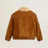Chaqueta de hombre en piel serrada color tabaco con cuello de borreguillo Chaqueta de hombre en piel serrada color tabaco con cuello de borreguillo