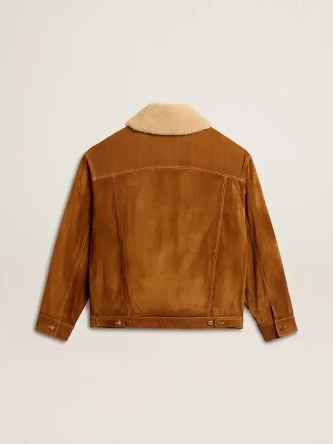 Chaqueta de hombre en piel serrada color tabaco con cuello de borreguillo Chaqueta de hombre en piel serrada color tabaco con cuello de borreguillo