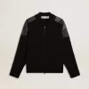 Chaqueta de lana merino negra para hombre con parches de cuero Chaqueta de lana merino negra para hombre con parches de cuero