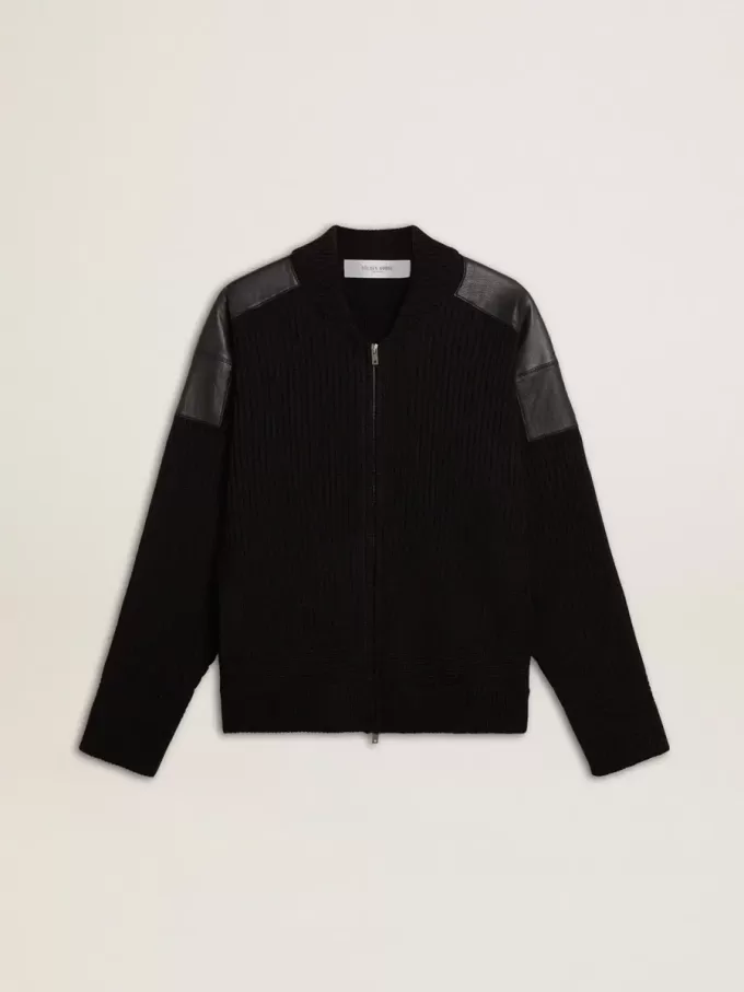 Chaqueta de lana merino negra para hombre con parches de cuero Chaqueta de lana merino negra para hombre con parches de cuero