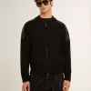 Chaqueta de lana merino negra para hombre con parches de cuero Chaqueta de lana merino negra para hombre con parches de cuero