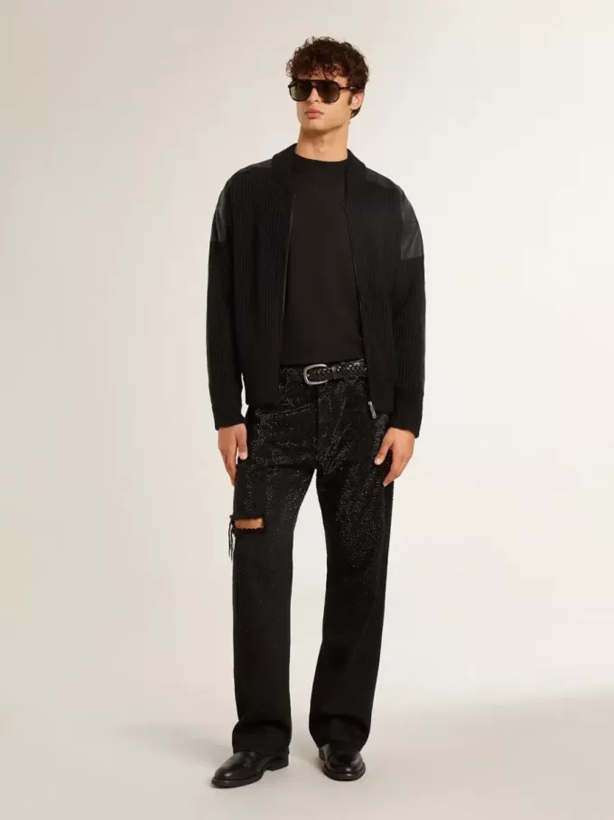 Chaqueta de lana merino negra para hombre con parches de cuero Chaqueta de lana merino negra para hombre con parches de cuero