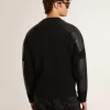 Chaqueta de lana merino negra para hombre con parches de cuero Chaqueta de lana merino negra para hombre con parches de cuero