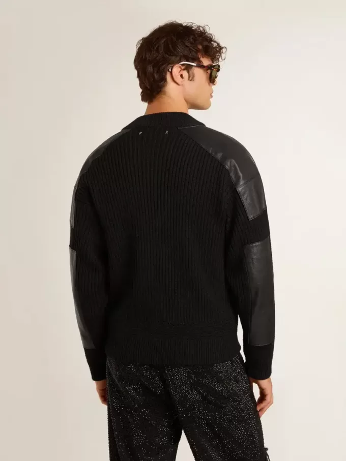 Chaqueta de lana merino negra para hombre con parches de cuero Chaqueta de lana merino negra para hombre con parches de cuero