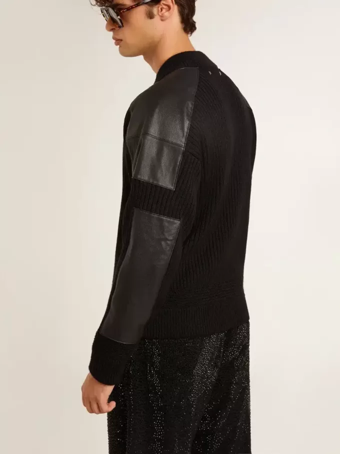Chaqueta de lana merino negra para hombre con parches de cuero Chaqueta de lana merino negra para hombre con parches de cuero