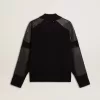 Chaqueta de lana merino negra para hombre con parches de cuero Chaqueta de lana merino negra para hombre con parches de cuero