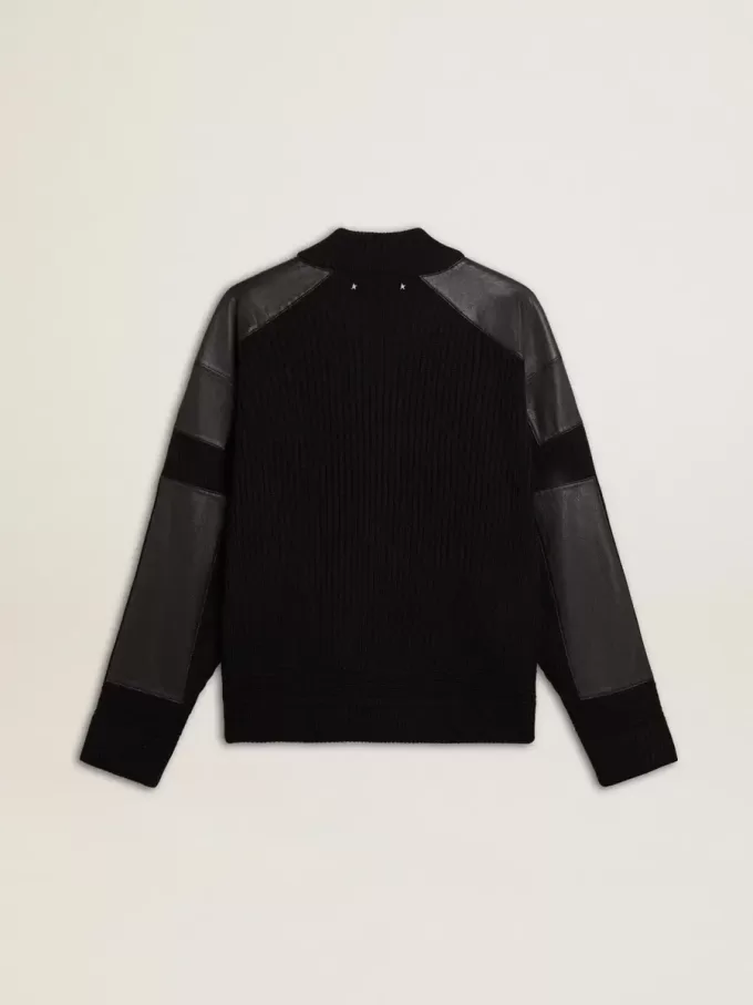 Chaqueta de lana merino negra para hombre con parches de cuero Chaqueta de lana merino negra para hombre con parches de cuero