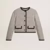 Chaqueta de lana y seda gris para mujer con ribete de ante negro Chaqueta de lana y seda gris para mujer con ribete de ante negro