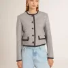 Chaqueta de lana y seda gris para mujer con ribete de ante negro Chaqueta de lana y seda gris para mujer con ribete de ante negro