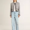 Chaqueta de lana y seda gris para mujer con ribete de ante negro Chaqueta de lana y seda gris para mujer con ribete de ante negro