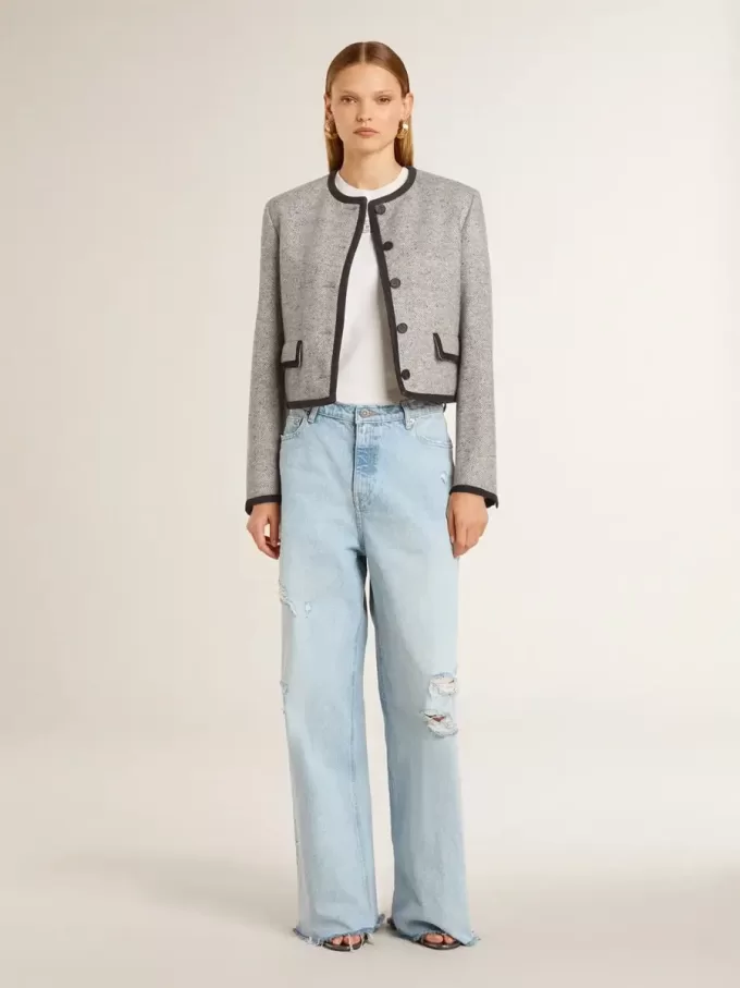 Chaqueta de lana y seda gris para mujer con ribete de ante negro Chaqueta de lana y seda gris para mujer con ribete de ante negro