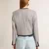 Chaqueta de lana y seda gris para mujer con ribete de ante negro Chaqueta de lana y seda gris para mujer con ribete de ante negro