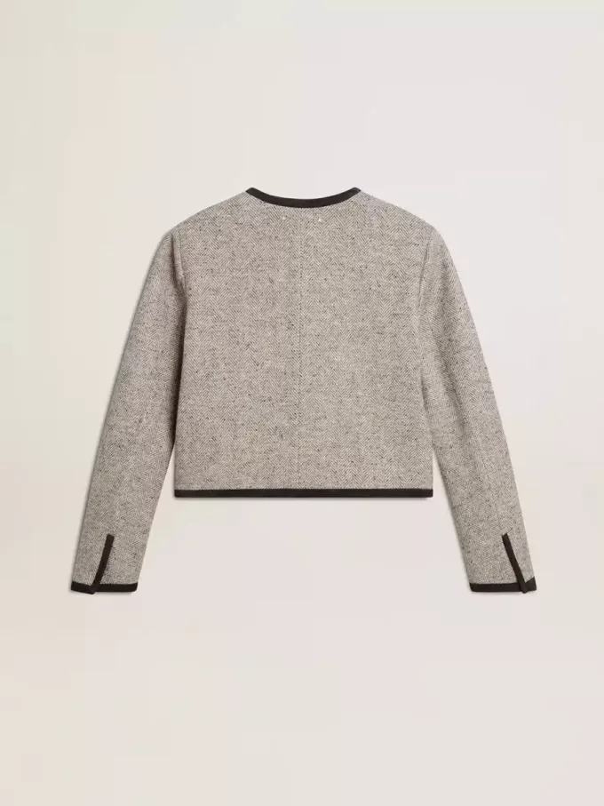 Chaqueta de lana y seda gris para mujer con ribete de ante negro Chaqueta de lana y seda gris para mujer con ribete de ante negro