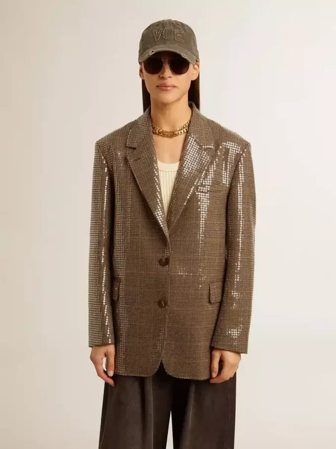 Chaqueta de mujer con estampado de pata de gallo y bordado de lentejuelas en toda la prenda Chaqueta de mujer con estampado de pata de gallo y bordado de lentejuelas en toda la prenda