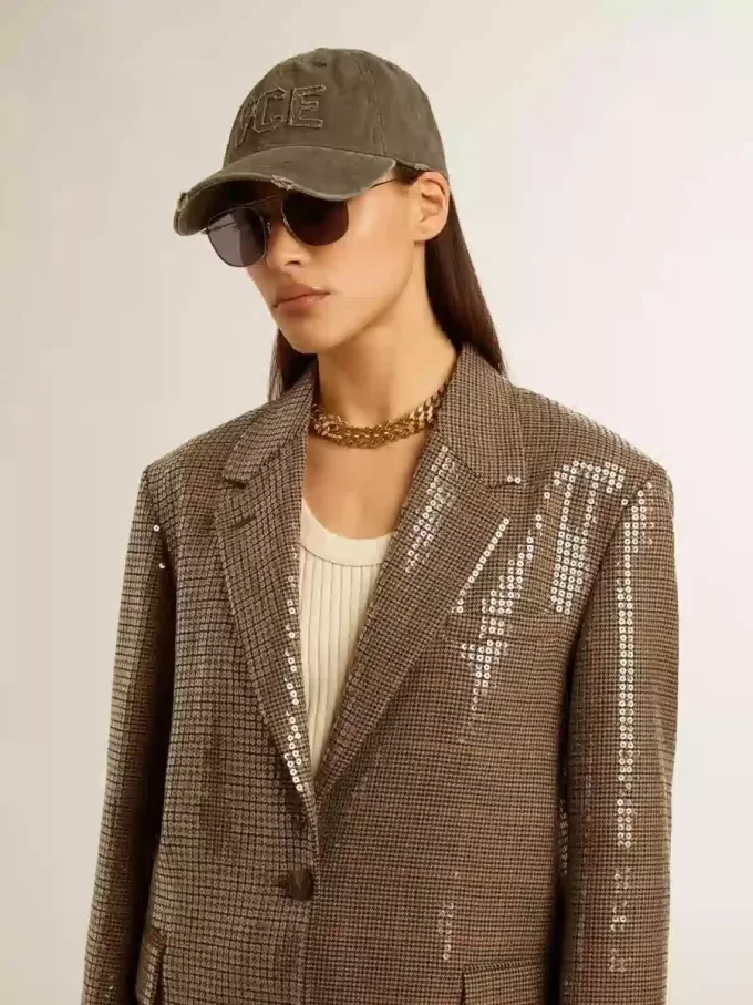 Chaqueta de mujer con estampado de pata de gallo y bordado de lentejuelas en toda la prenda Chaqueta de mujer con estampado de pata de gallo y bordado de lentejuelas en toda la prenda