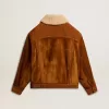 Chaqueta de mujer en piel serrada color tabaco con cuello de borreguillo Chaqueta de mujer en piel serrada color tabaco con cuello de borreguillo