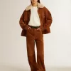 Chaqueta de mujer en piel serrada color tabaco con cuello de borreguillo Chaqueta de mujer en piel serrada color tabaco con cuello de borreguillo