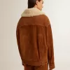 Chaqueta de mujer en piel serrada color tabaco con cuello de borreguillo Chaqueta de mujer en piel serrada color tabaco con cuello de borreguillo
