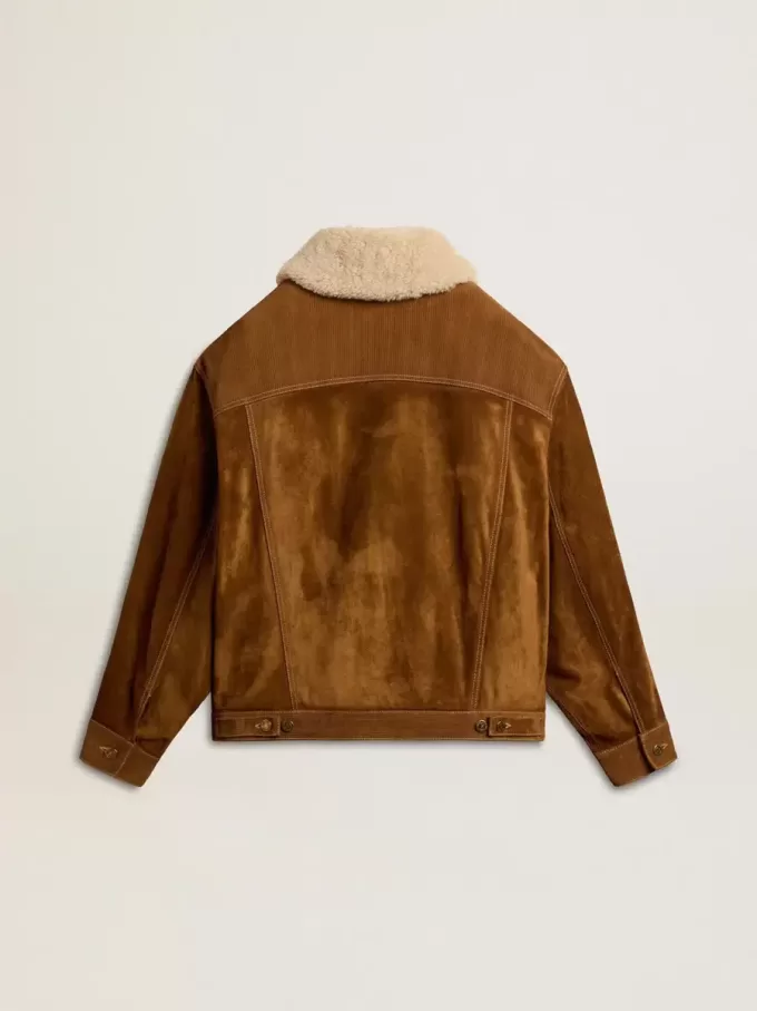 Chaqueta de mujer en piel serrada color tabaco con cuello de borreguillo Chaqueta de mujer en piel serrada color tabaco con cuello de borreguillo