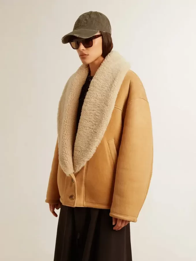 Chaqueta de piel de oveja para mujer con cuello chal ancho de piel de oveja Chaqueta de piel de oveja para mujer con cuello chal ancho de piel de oveja