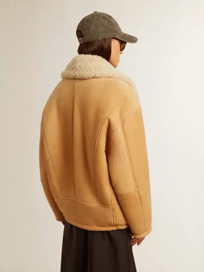 Chaqueta de piel de oveja para mujer con cuello chal ancho de piel de oveja Chaqueta de piel de oveja para mujer con cuello chal ancho de piel de oveja
