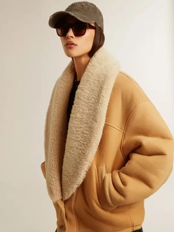 Chaqueta de piel de oveja para mujer con cuello chal ancho de piel de oveja Chaqueta de piel de oveja para mujer con cuello chal ancho de piel de oveja