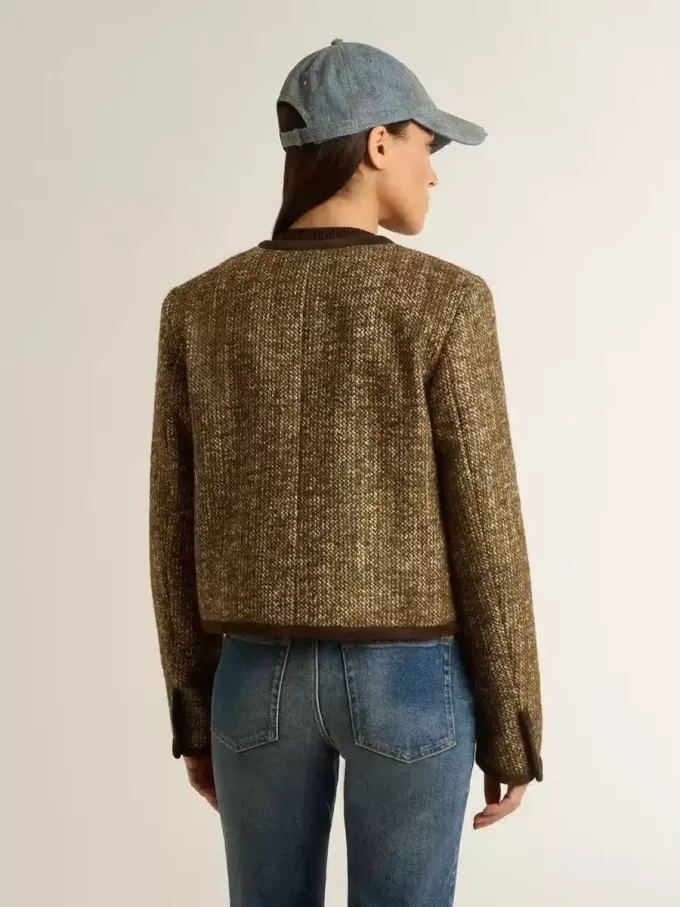 Chaqueta Journey para mujer en tweed de lana con detalles de ante color café