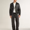 Chaqueta motera de cuero negro para hombre con efecto brillante
