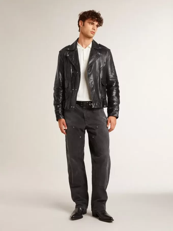 Chaqueta motera de cuero negro para hombre con efecto brillante