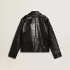Chaqueta motera de cuero negro para hombre con efecto brillante