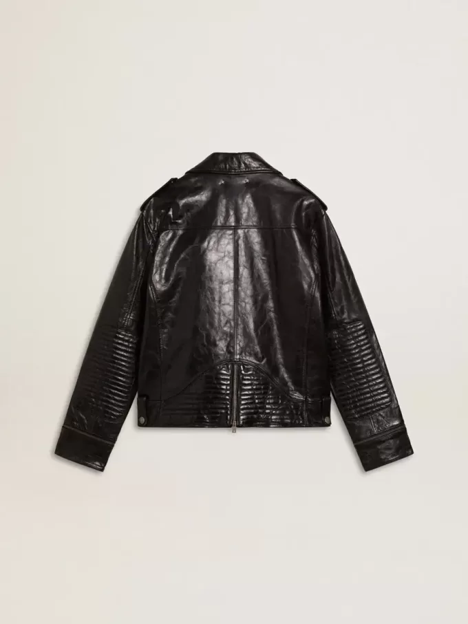Chaqueta motera de cuero negro para hombre con efecto brillante